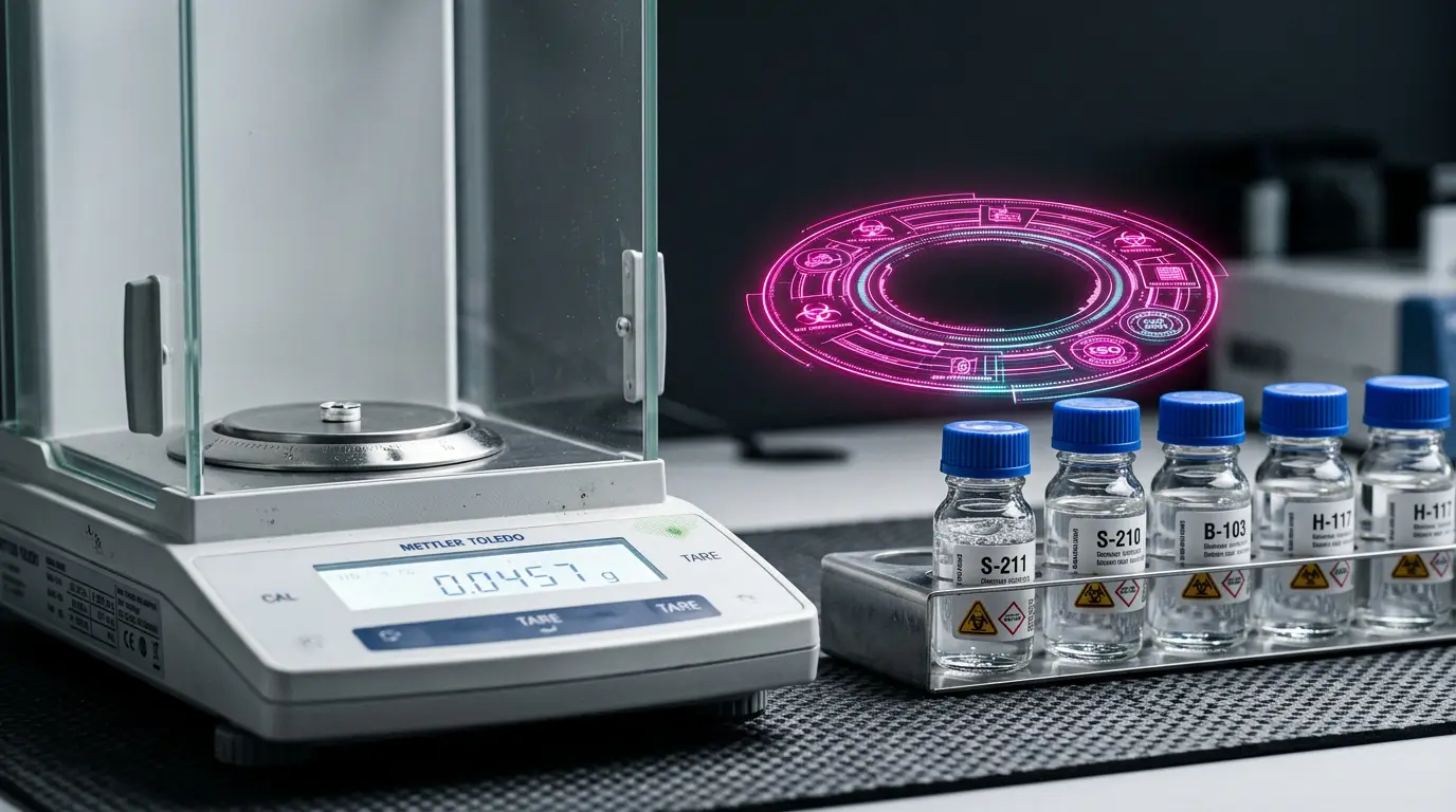 Balança analítica e frascos de amostra em bancada de laboratório.